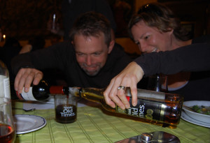 J.D and Colleen demonstrate their Mustachian Rosé mixing skills