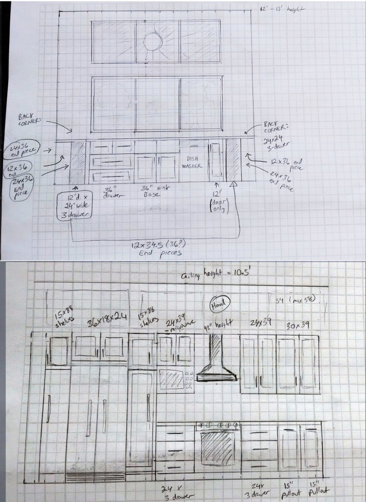 My sketches of the kitchen design. Note the 12-foot wall of South-Facing windows above the sink, so I can get a tan while doing dishes in the winter.