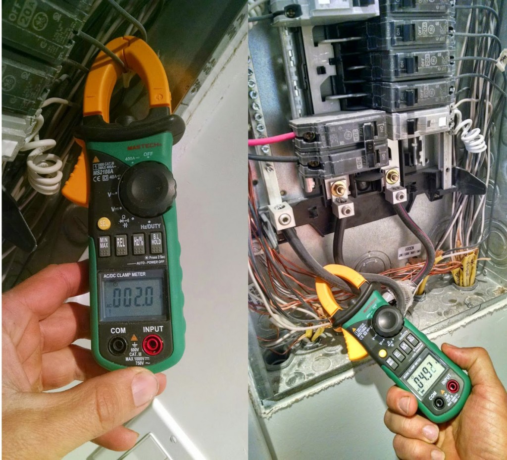 This clamp-on current meter lets me measure an individual circuit (fridge 2.0 amps = 240 watts) or the whole house (4.92 amps).