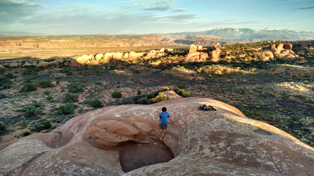Exploring Arches National Park with my little buddy during a camping trip there, April 2015